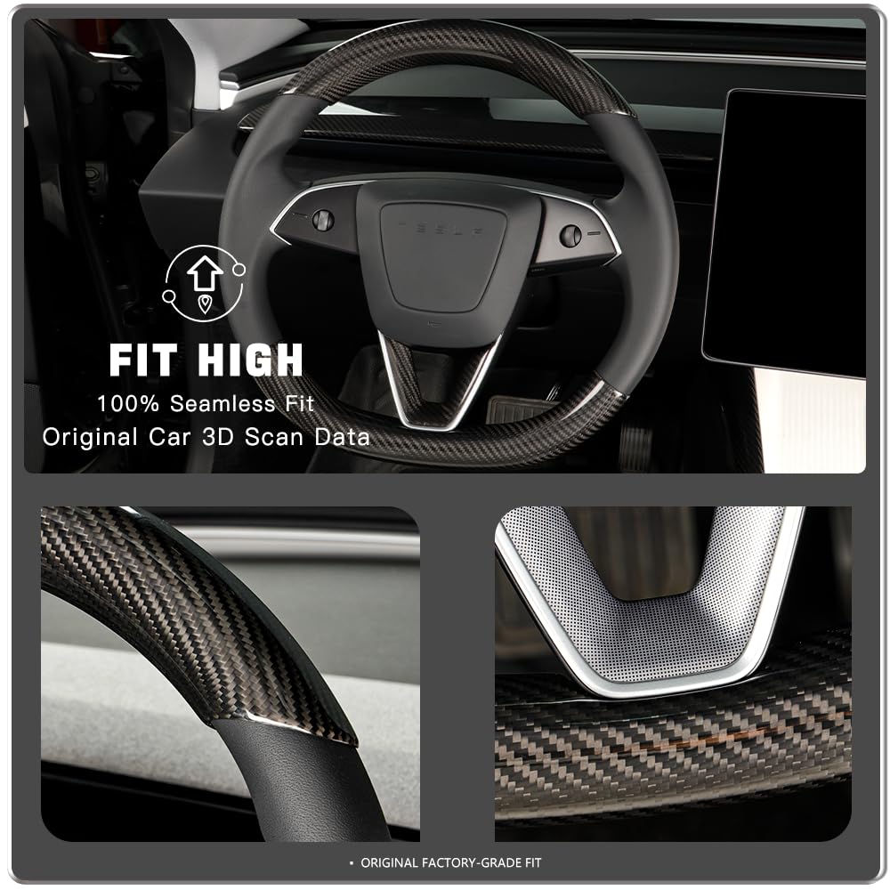 TesNext Real Carbon Fiber Steering Wheel Cover for Tesla Model 3 Highland, Model Y Juniper