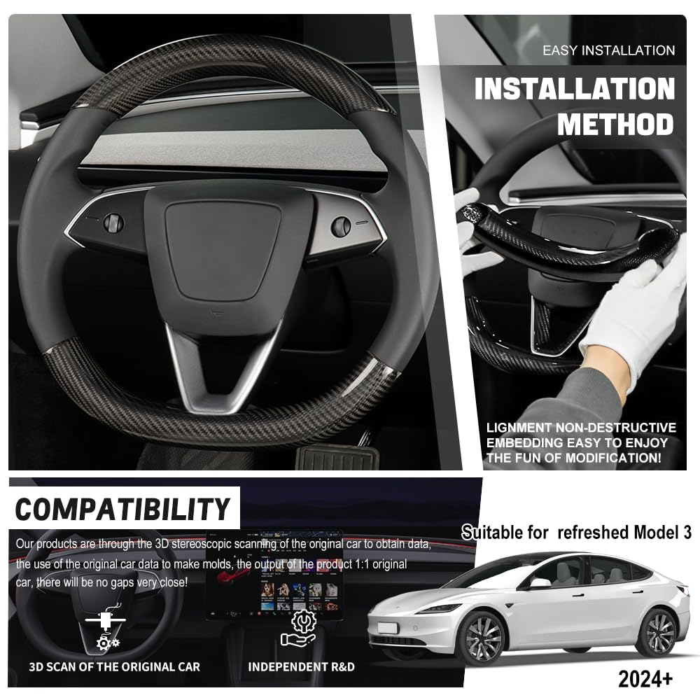 TesNext Real Carbon Fiber Steering Wheel Cover for Tesla Model 3 Highland, Model Y Juniper