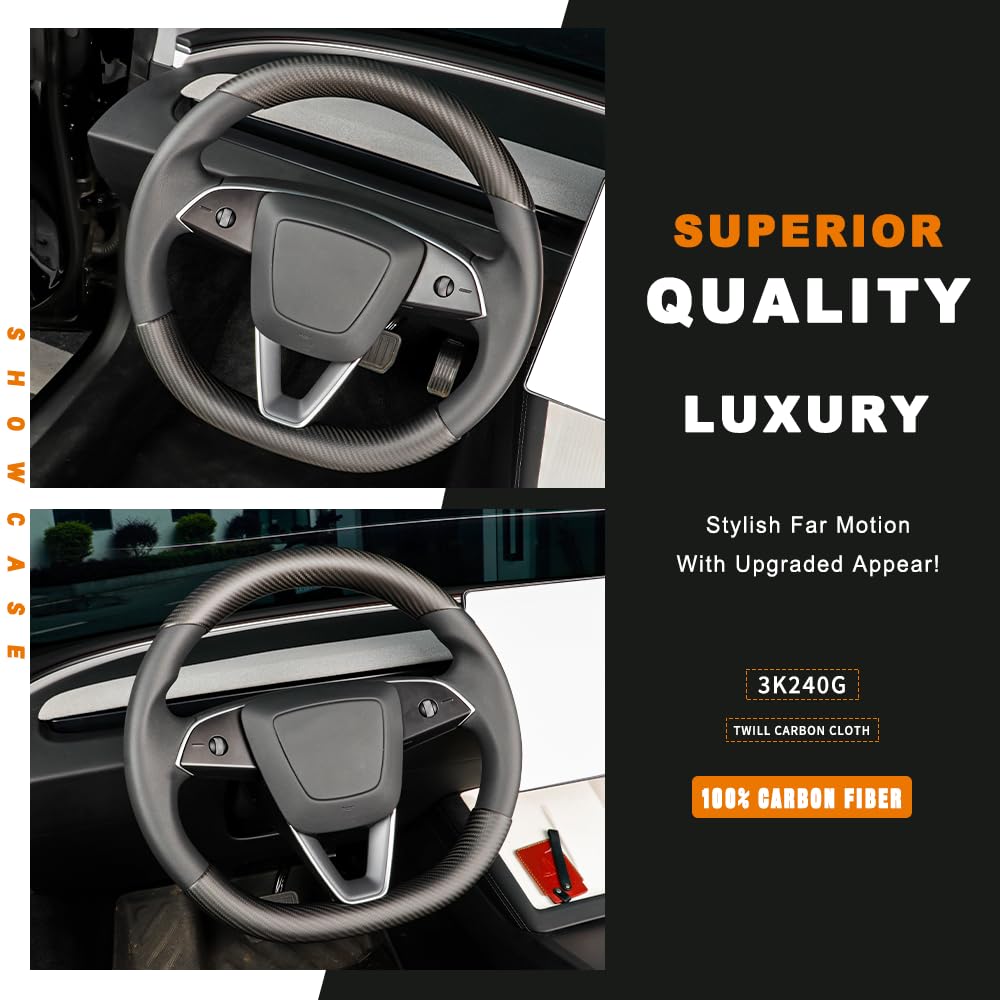 TesNext Real Carbon Fiber Steering Wheel Cover for Tesla Model 3 Highland, Model Y Juniper