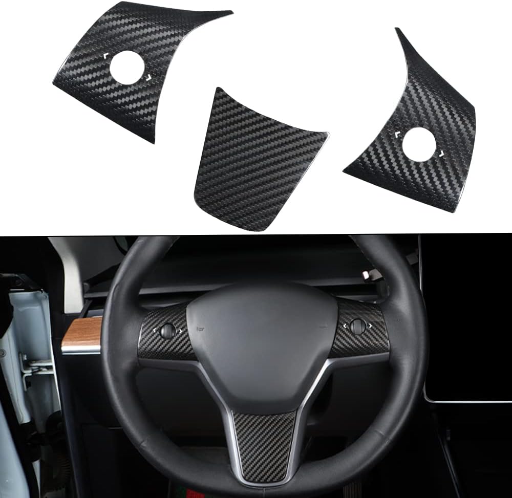 TesNext Real Carbon Fiber Steering Wheel Button Frame Wrap Accessories for Tesla Model 3 Y