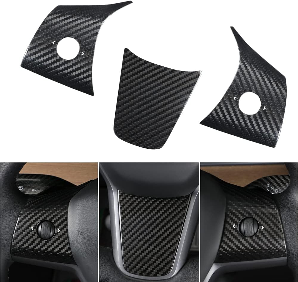 TesNext Real Carbon Fiber Steering Wheel Button Frame Wrap Accessories for Tesla Model 3 Y