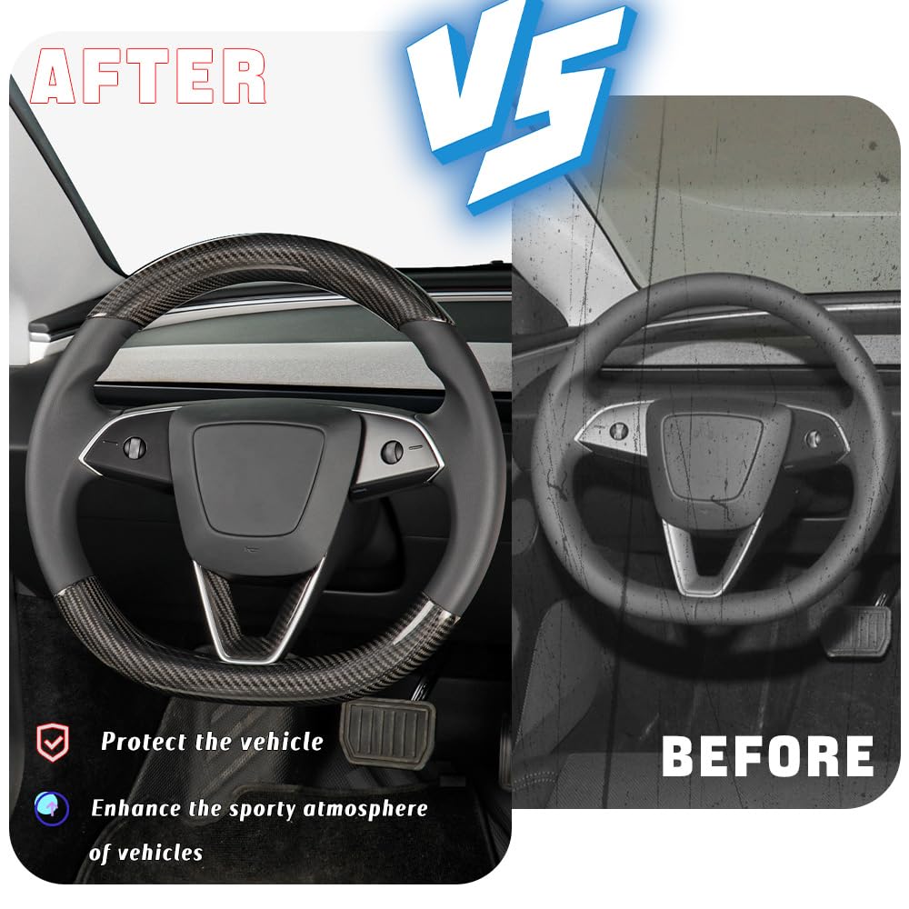 TesNext Real Carbon Fiber Steering Wheel Panel Cover Fit for Tesla Model 3 Highland, Model Y Juniper