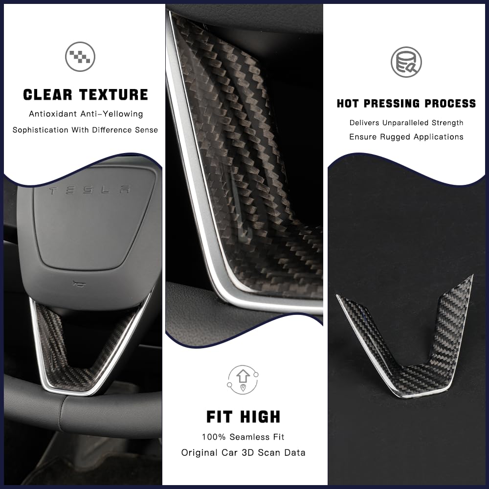 TesNext Real Carbon Fiber Steering Wheel Panel Cover Fit for Tesla Model 3 Highland, Model Y Juniper
