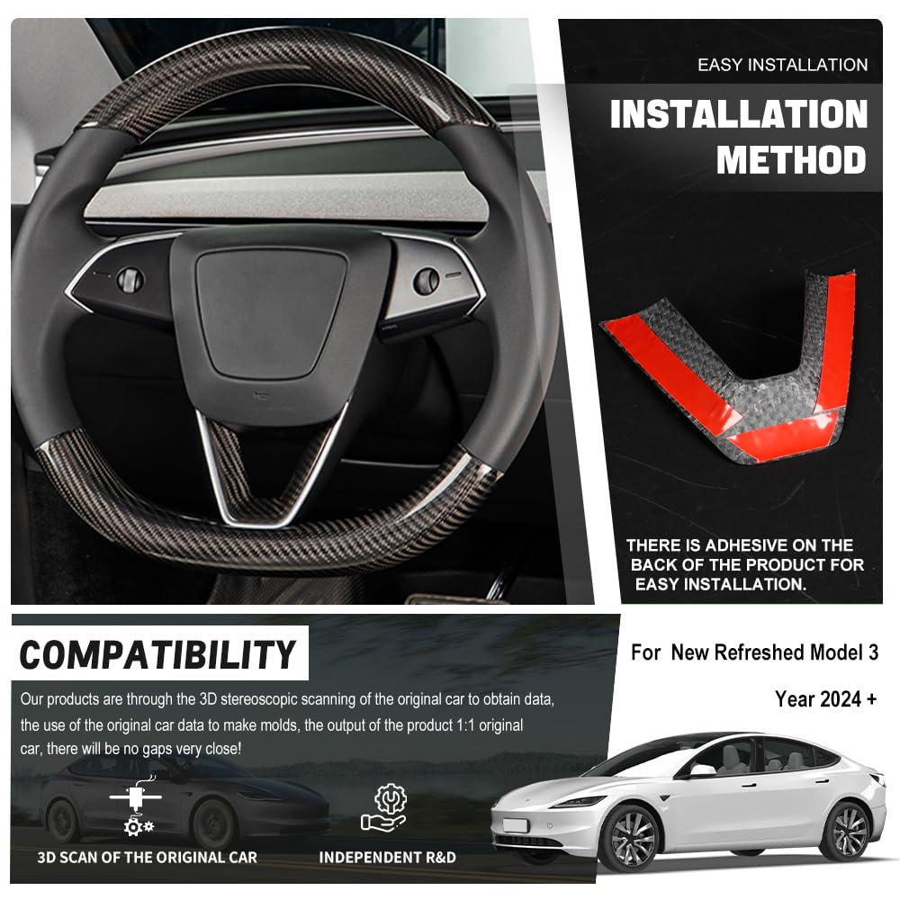 TesNext Real Carbon Fiber Steering Wheel Panel Cover Fit for Tesla Model 3 Highland, Model Y Juniper