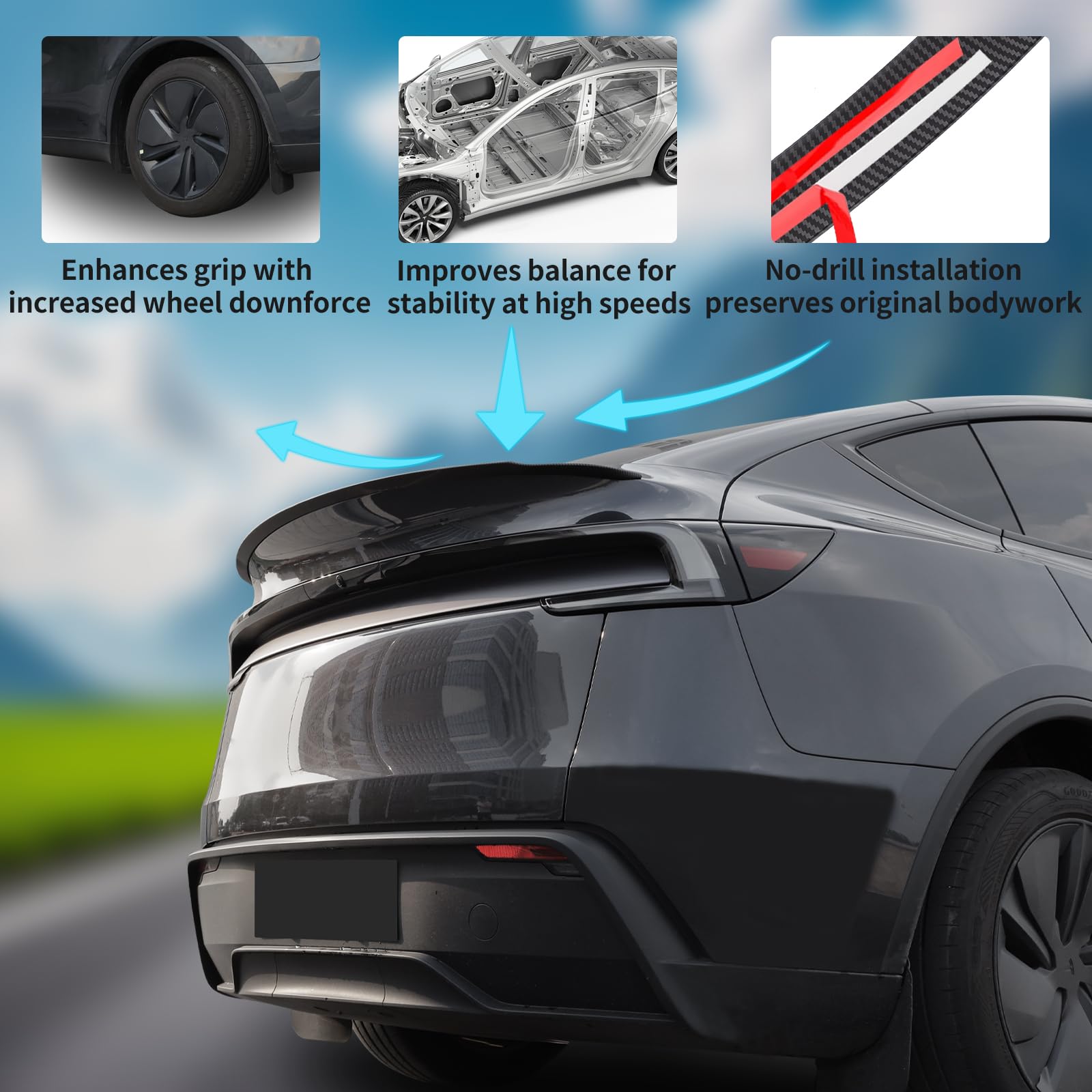 TesNext Real Carbon Fiber Rear Trunk Lip Spoiler Sporty Appearance for Tesla Model Y Juniper, Model 3 Highland