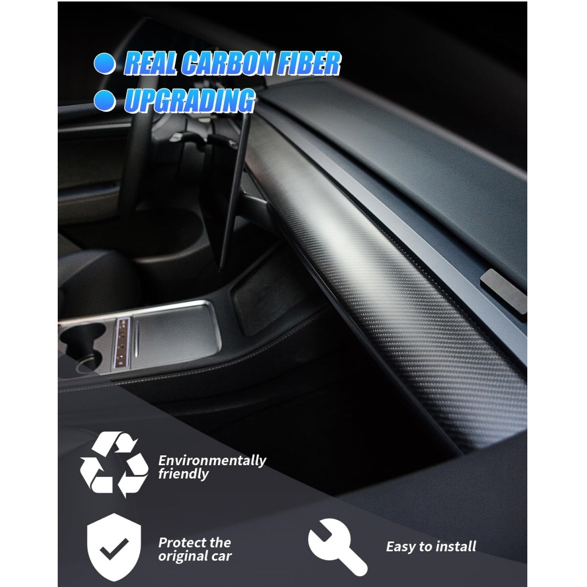TesNext Real Carbon Fiber Dashboard Cover Wrap and Front Door Trim Panel Covers 3PCS for Tesla Model 3 Y