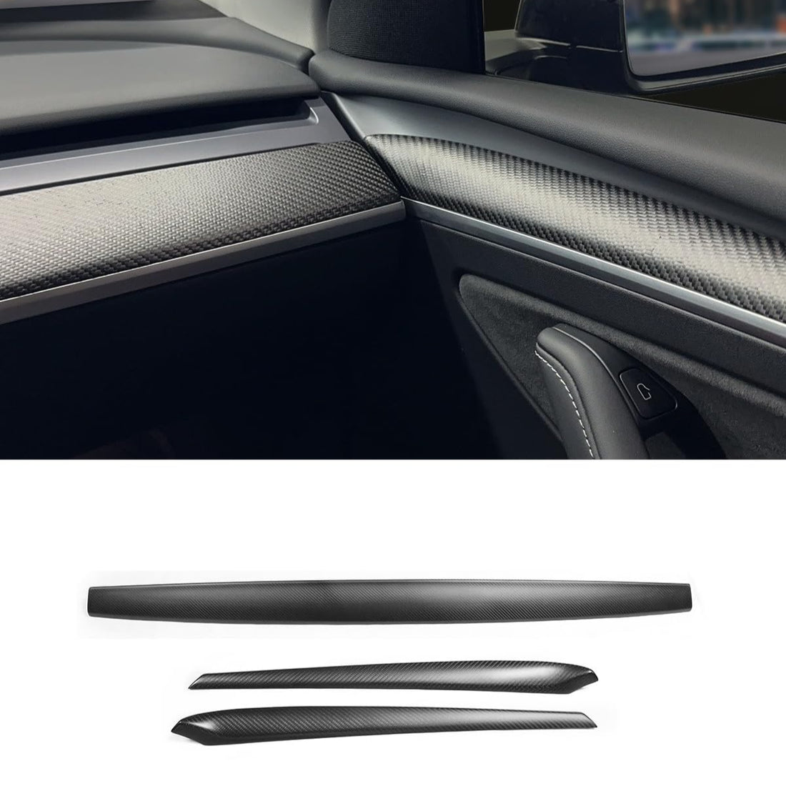 TesNext Real Carbon Fiber Dashboard Cover Wrap and Front Door Trim Panel Covers 3PCS for Tesla Model 3 Y