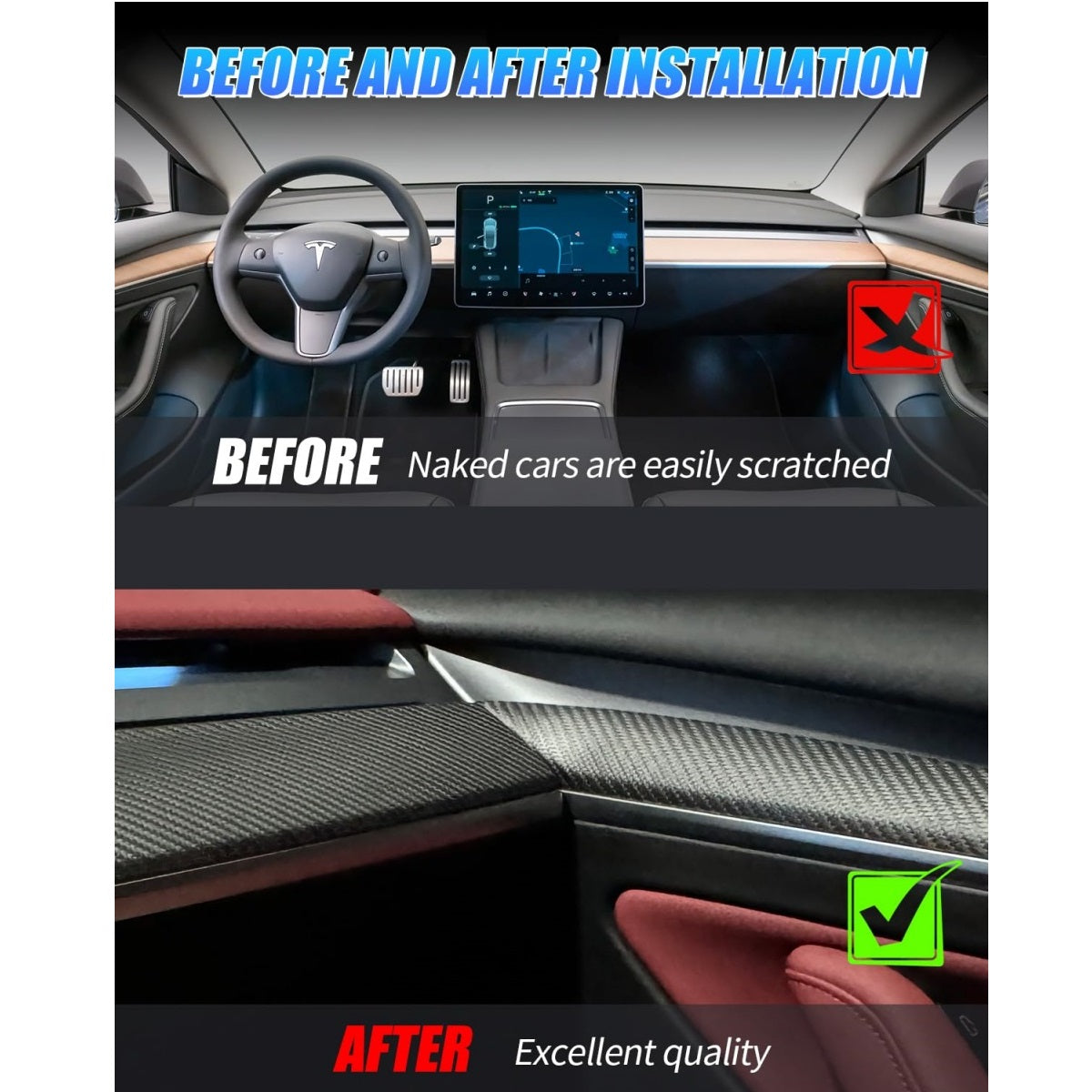 TesNext Real Carbon Fiber Dashboard Cover Wrap and Front Door Trim Panel Covers 3PCS for Tesla Model 3 Y