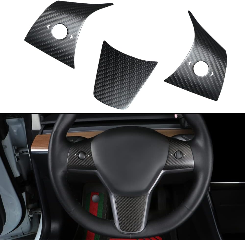 TesNext Real Carbon Fiber Steering Wheel Button Frame Wrap Accessories for Tesla Model 3 Y