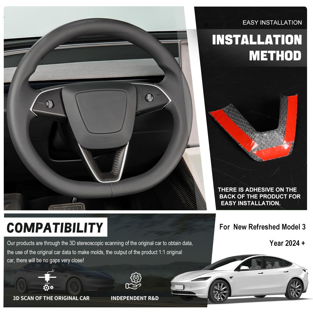 TesNext Real Carbon Fiber Steering Wheel Panel Cover Fit for Tesla Model 3 Highland, Model Y Juniper
