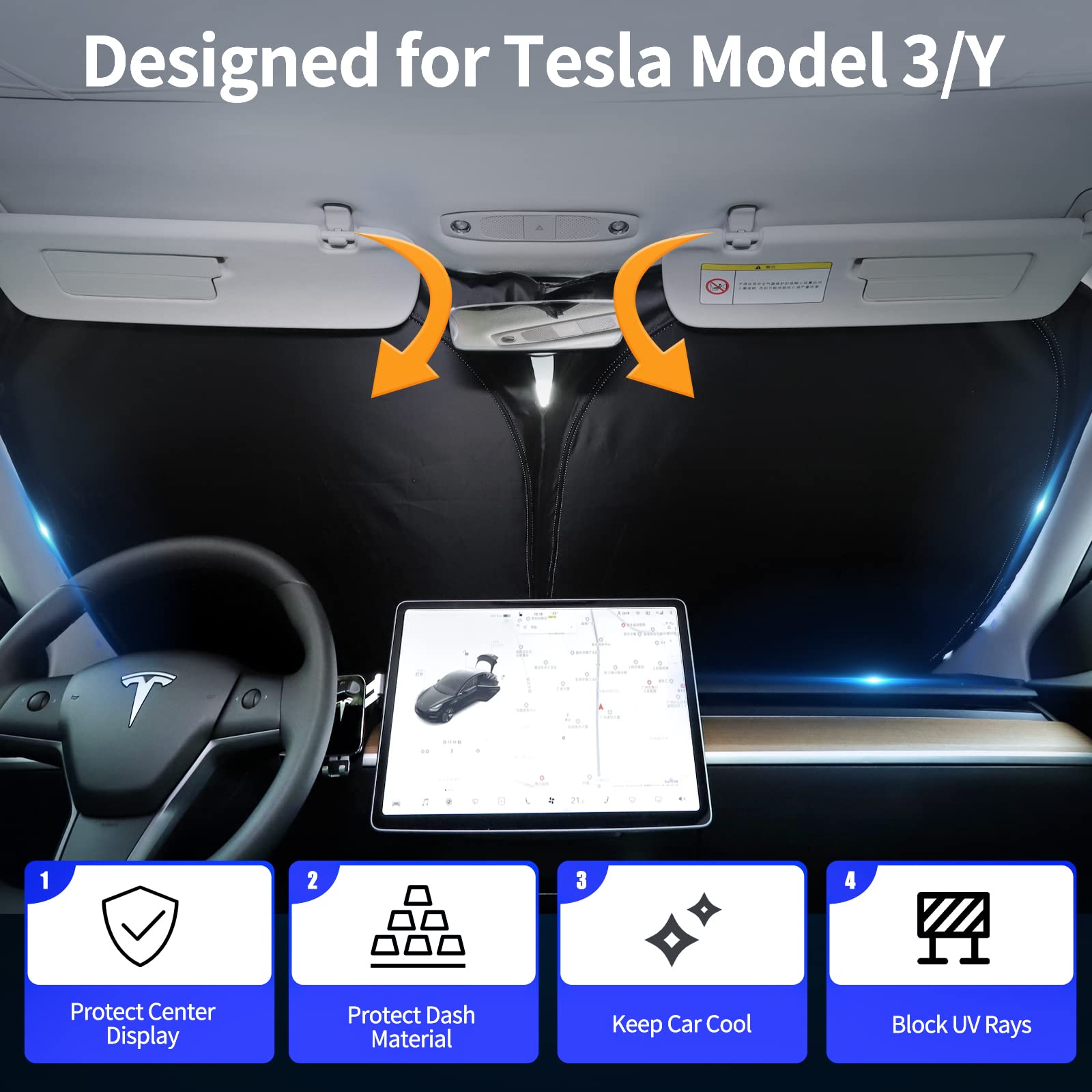 TesNext Windshield Sun Shade for Tesla Model 3/Y (2016–2025) Foldable Sun Shield, Tesla Must Have Accessories – Upgraded Windshield Fits for Both Tesla Model Y Sunshade and Tesla Model 3 Sunshade