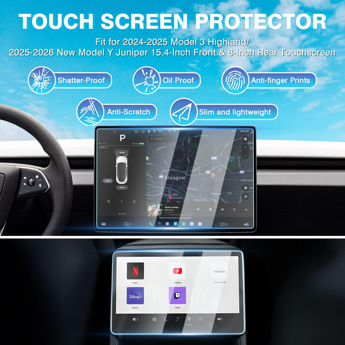TesNext 1pc/2pcs Screen Protector [No Glare & Fingerprint] 15.4-Inch Front /8-Inch Rear Touchscreen Tempered Glass Protector Accessories for Tesla Model Y Juniper/Model 3 Highland