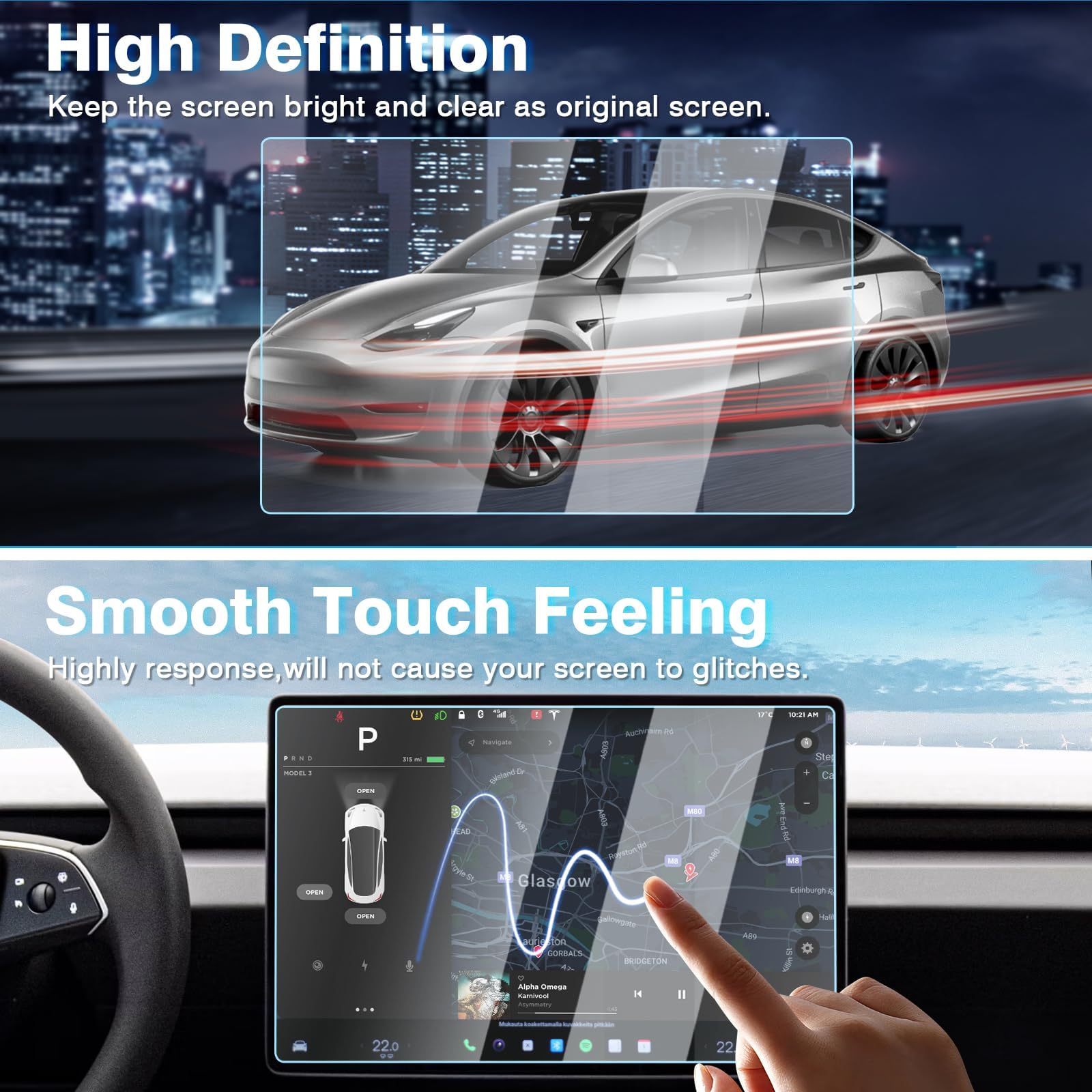 TesNext 1pc/2pcs Screen Protector [No Glare & Fingerprint] 15.4-Inch Front /8-Inch Rear Touchscreen Tempered Glass Protector Accessories for Tesla Model Y Juniper/Model 3 Highland
