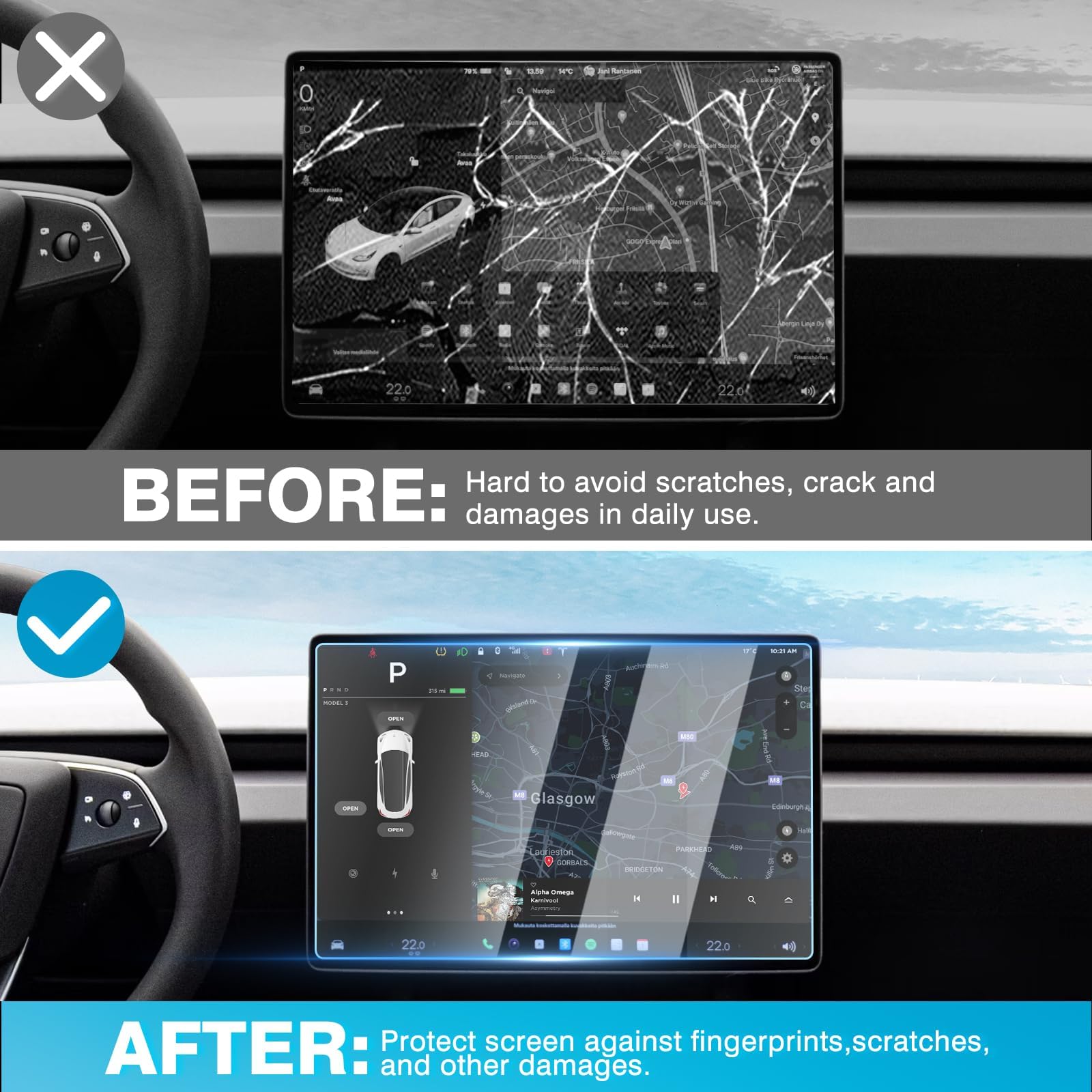 TesNext 1pc/2pcs Screen Protector [No Glare & Fingerprint] 15.4-Inch Front /8-Inch Rear Touchscreen Tempered Glass Protector Accessories for Tesla Model Y Juniper/Model 3 Highland